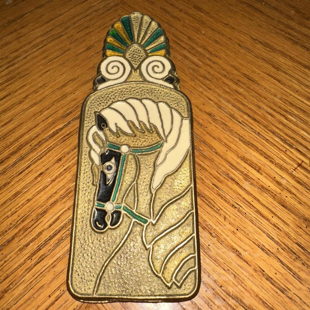 Cloisonné Paper Clip /money Clip Double Sided Brass Greek Horse floral Vintage